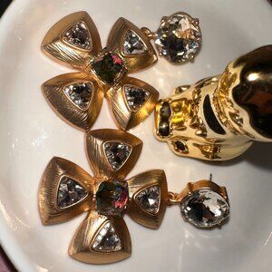 Vintage-Style Gold Cross Earrings with Clear Rhinestones & Color Shift Gem